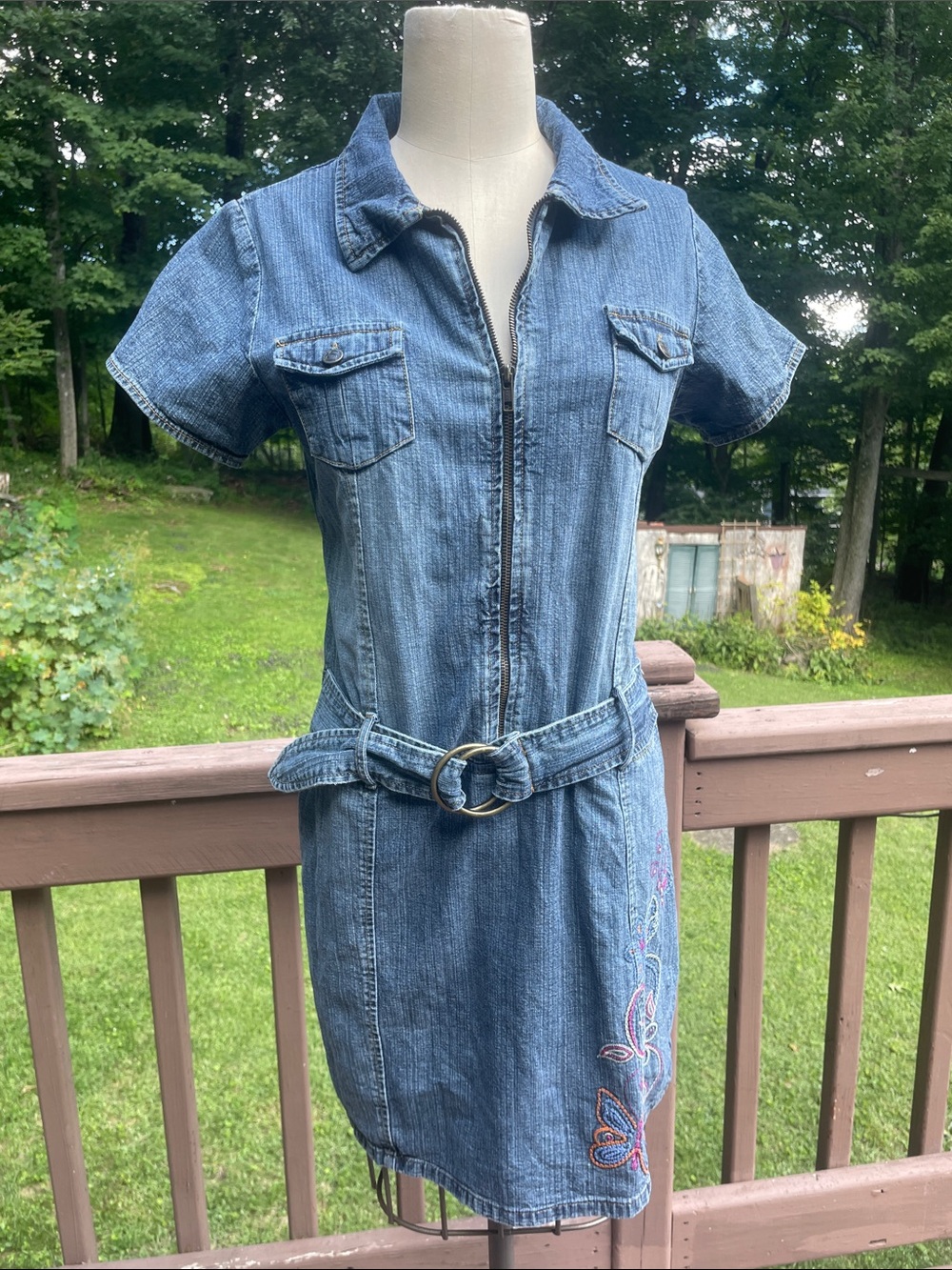 Y2K Denim Zip-Front Short Sleeve Dress with Belt